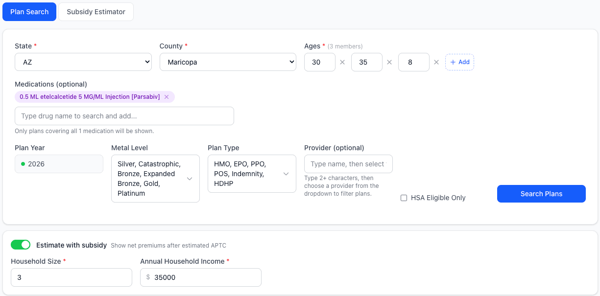 Search form with subsidy estimator